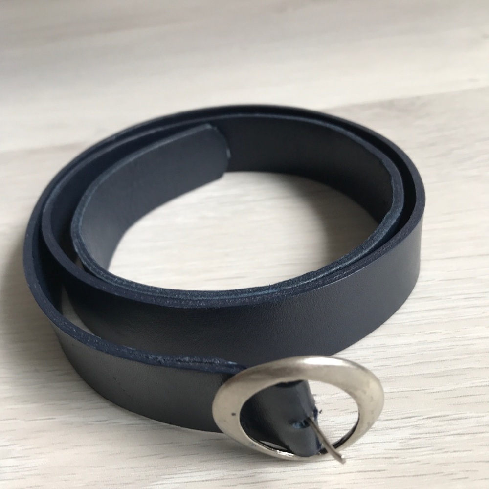 WOMENS NAVY LEATHER BELT SKINNY DRESS CASUAL ROUND BUCKLE BLUE SMALL